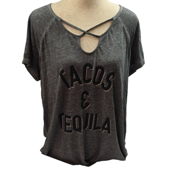 Torrid Graphic Tee Tacos & Tequila Womens Size 0 Gray Short Sleeve Cutout - Picture 2 of 8